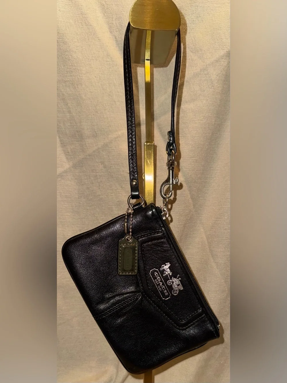 Coach Black Leather Wristlet with Silver Coach Horse & Carriage Logo